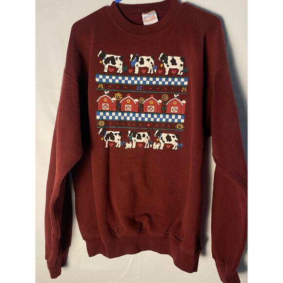 Vintage Santee Farm Novelty Cow Barn Pattern Crewneck Maroon Sweater Women's XL - Picture 1 of 2
